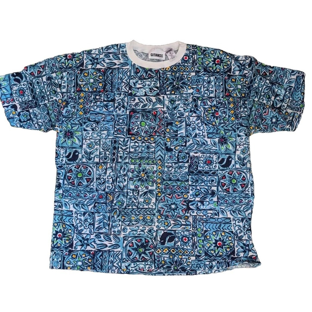 Vintage Gitano Womens Shirt 1X 1980's Blue Abstract Print Cotton Plus 22 42